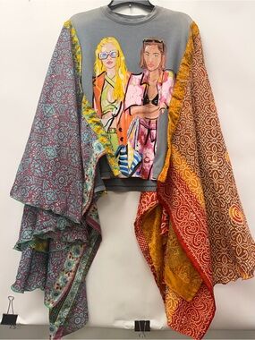 Rustic Raggs Asymmetrical Patchwork Graphic Top - Gray Multicolor upcycled